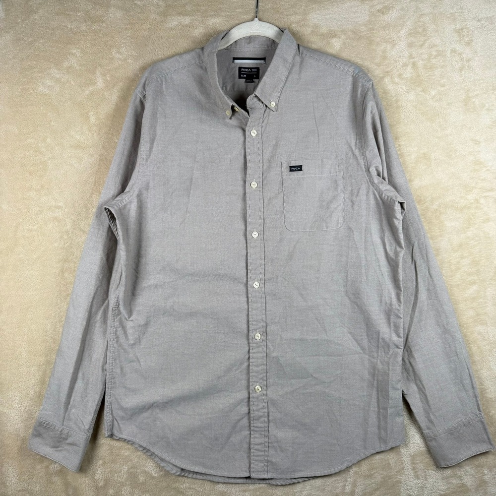 RVCA Mens Slim Fit Long Sleeve Button Down Shirt Khaki Large Gorpcore Streetwear